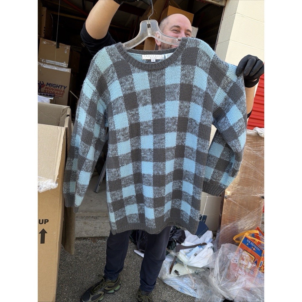 Vintage Perry Ellis Portfolio Wool Sweater Blue Gray Check Knit Size S